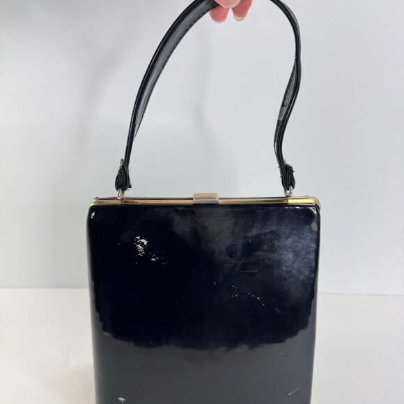Vintage 1960's Triangle Shape Black Patent Leather Top Closure Handle Purse - Picture 1 of 9